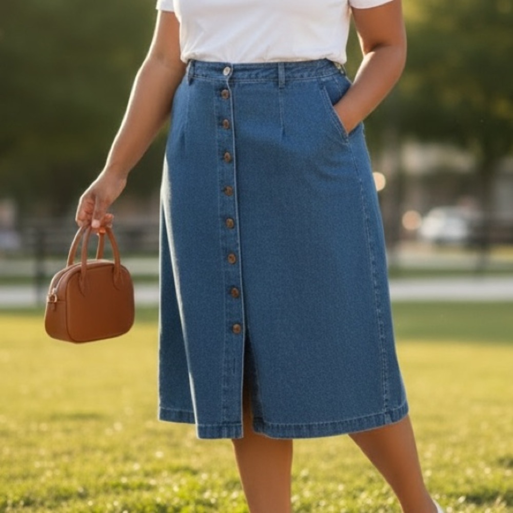 Vintage (18) TANJAY Petites Denim Midi Skirt Buttons Cotton Pockets Dark Wash